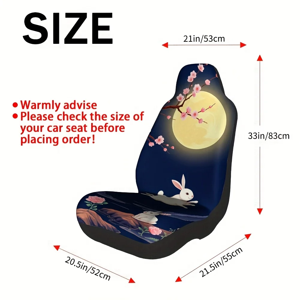2pcs, Unique Cherry Blossom Moonlit Rabbits Pattern Car Seat Covers, Soft And All Season Use, Compatible With Cars, SUVs, And Tr