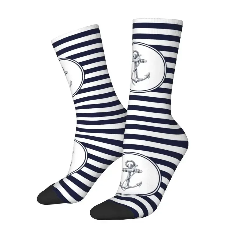 Anchor And Navy Blue Stripes Men Women Male Crew Socks Unisex Cute 3D Print Nautical Sailor Dress Sock