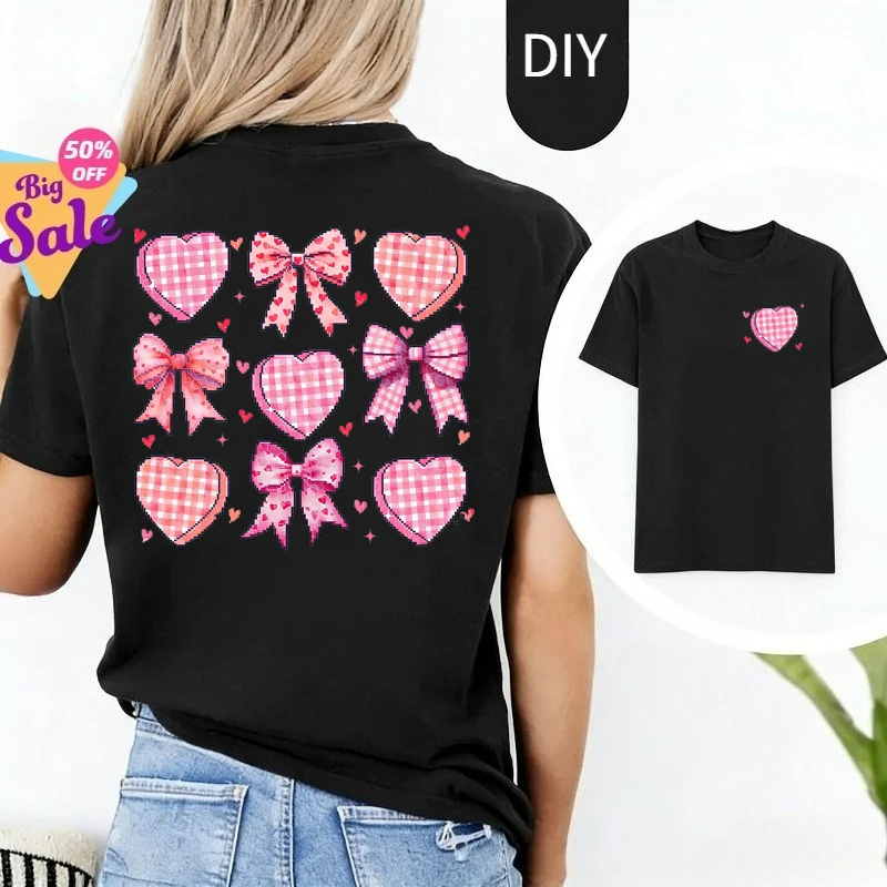 Y2k Shirt Bows Sweet Girl T-shirt Bow Checkered Sweetly Cool Tshirt Heart Shape Shirt Heart Symbol Sided Shirt Reversible Tees