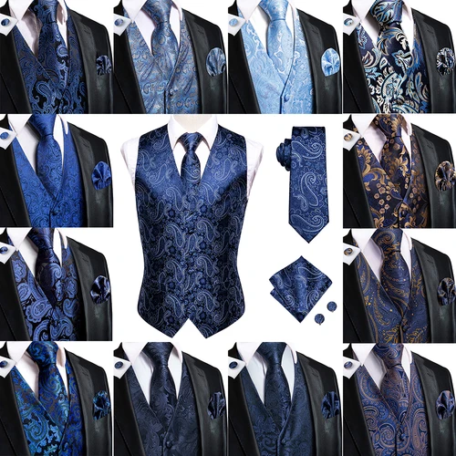 Chaleco Hi-Tie azul marino para hombre, chaleco Formal de seda Paisley, chaqueta, corbata, pañuelo, conjunto de gemelos para hombre, traje de fiesta de boda