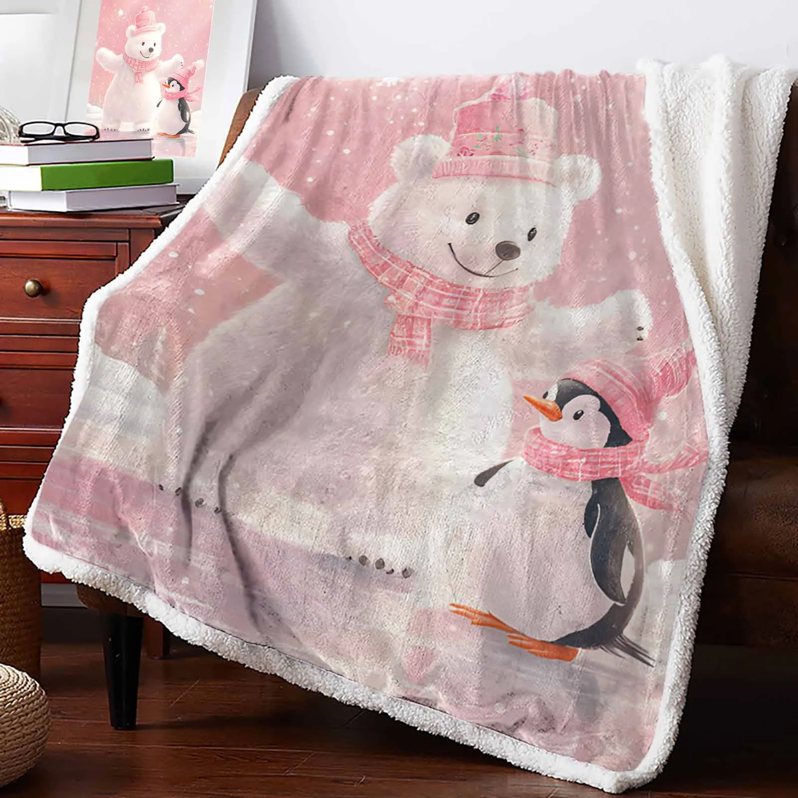 Christmas Pink Bears And Penguins Cashmere Blanket Warm Winter Soft Throw Blankets For Beds Sofa Wool Blanket Bedspread