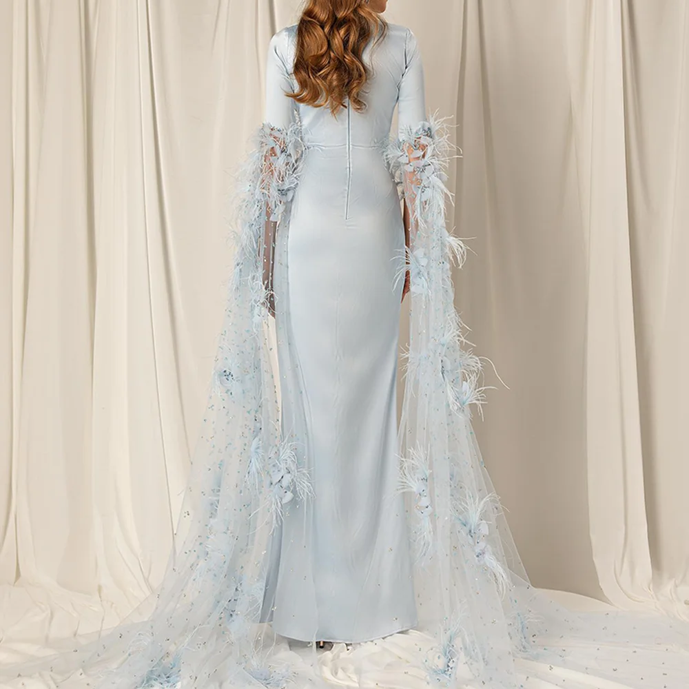 حورية البحر الريش الناعم رداء حفلات الطراز الحديث الخامس الرقبة نصف الأكمام فساتين السهرة مخصصة عالية الجودة فستان حفلة كريستال