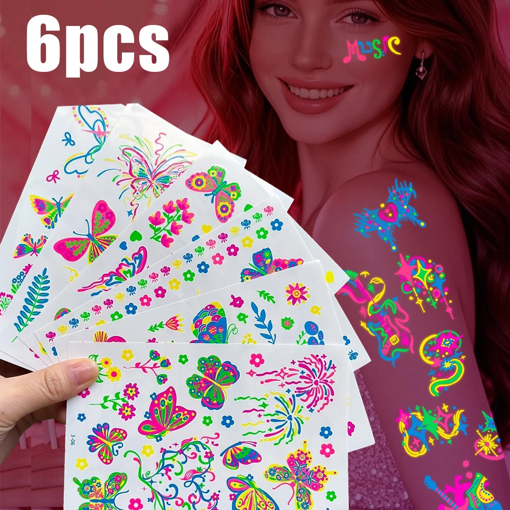 

6Pcs/set Neon color Luminous Temporary Tattoos Waterproof Stickers Glow in Dark Face Body Tattoo Decoration Music Festival Decal