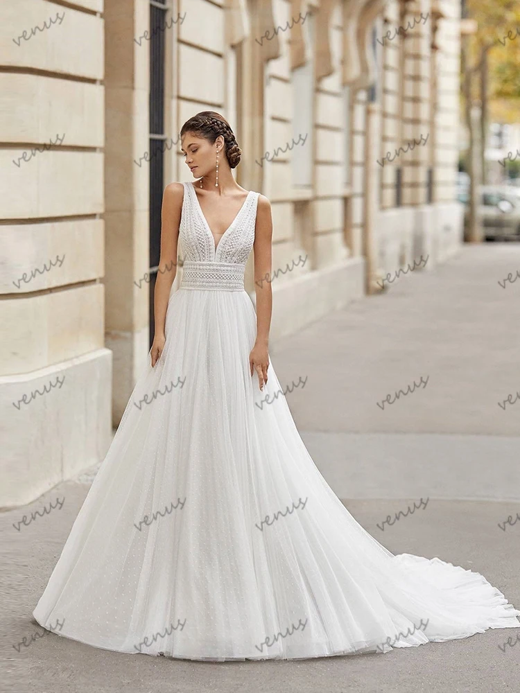 Classic Wedding Dresses A-Line V-Neck Lace Tiered Bridal Gowns Sleeveless Backless Robes For Formal Party Vestidos De Novia 2024