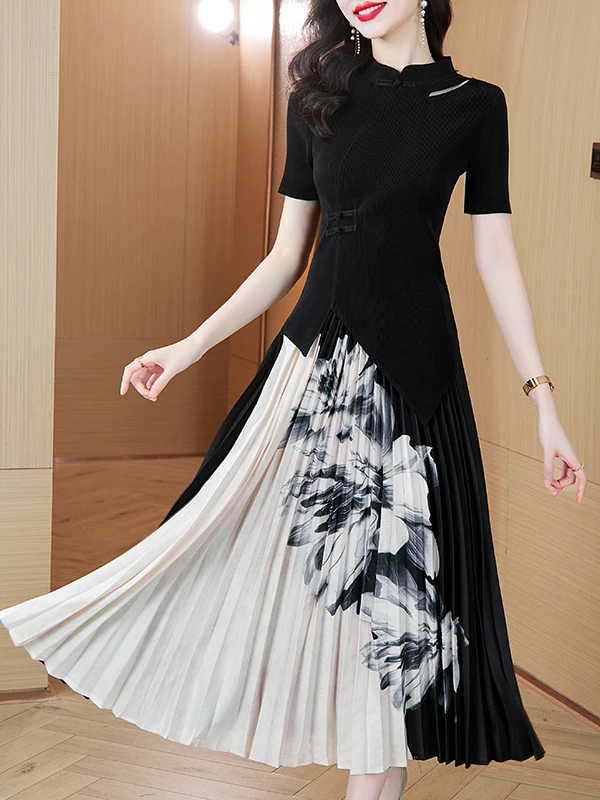 

Ele Chinese Sle Stand Collar T Top And Skirt Set Women's Slim Fit Pleated Summer Outfit ort Sve Printed f-l...