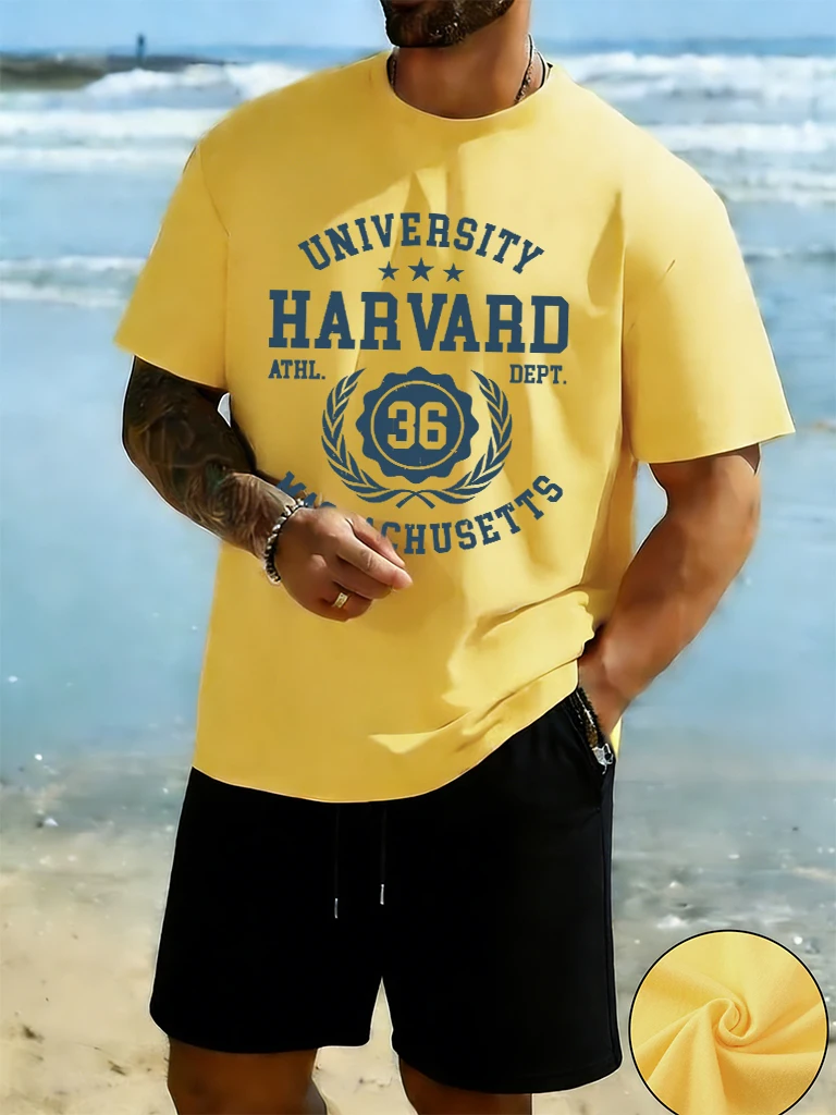 

University Harvard Massachusetts Printed Casual Classic Short Male 2Pc Set Cotton Simple All-Match T-Shirt Cool Summer Sportpant