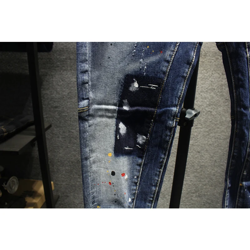Street Fashion Men Jeans Retro Blue Stretch Slim Fit Spliced Ripped Jeans Men Painted Designer Hip Hop Vintage Denim Pants Homme