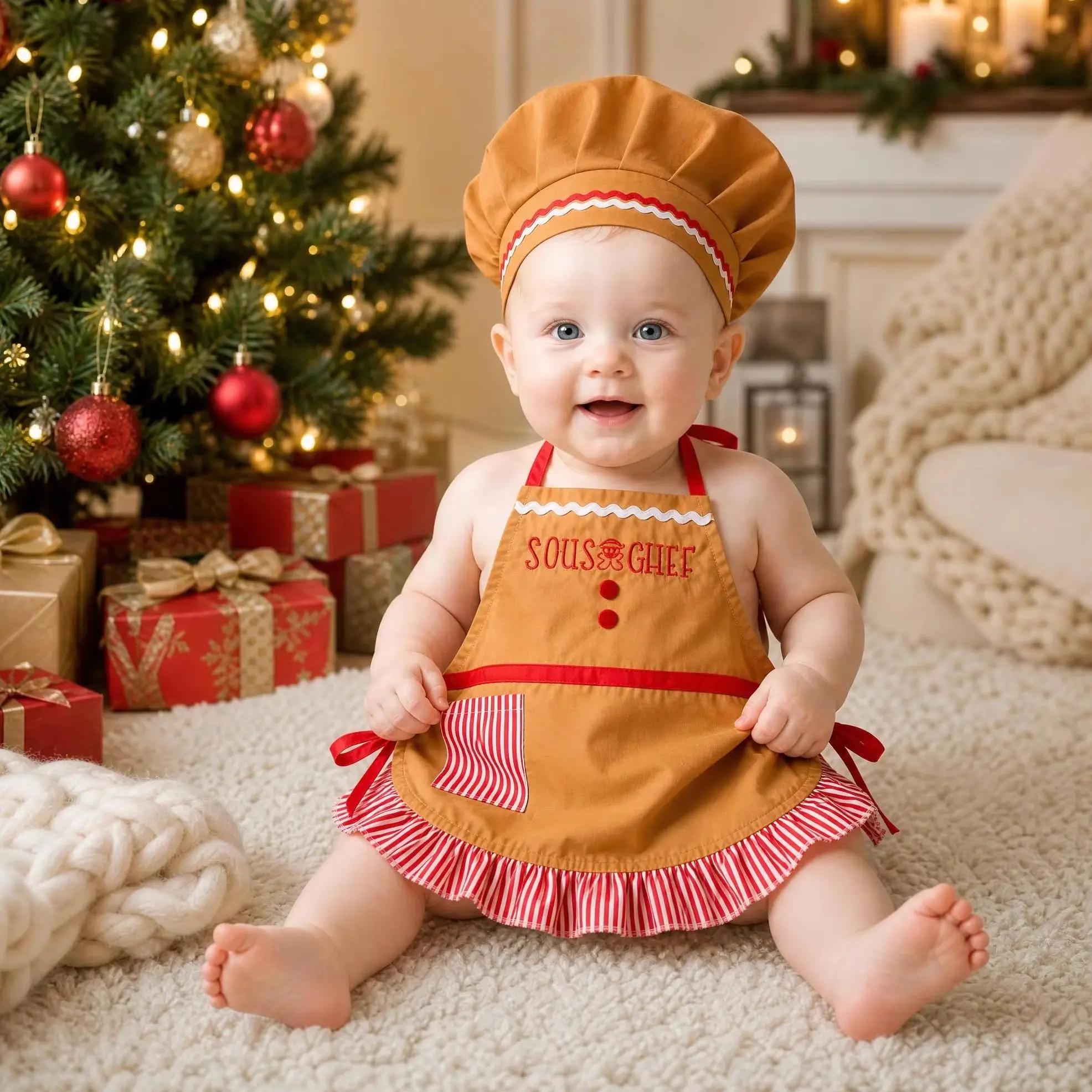 Ylsteed Newborn Embroidered Christmas Photography Clothes Baby Girl Chef Apron Hat for Kids Costumes Chef Cook Costume Prop-HD