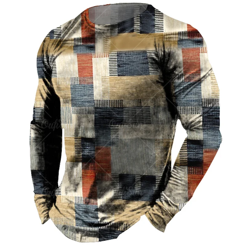 Vintage Men\'s Long Sleeve T-shirt Tops Plaid Print Autumn Oversized Sweatshirt Male O-neck Casual Daily Streetwear Men Clothing