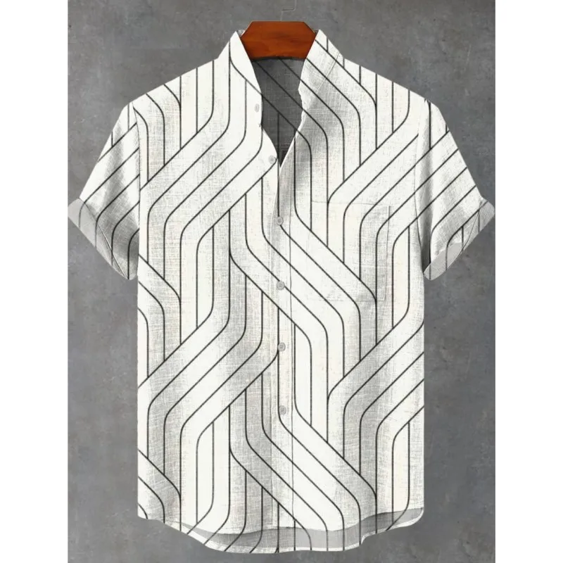 Men's Summer 2025 Comfortable Linen Short Sleeve Shirt Elegant Symmetrical Graphic Pattern Printed Mens Casual Top