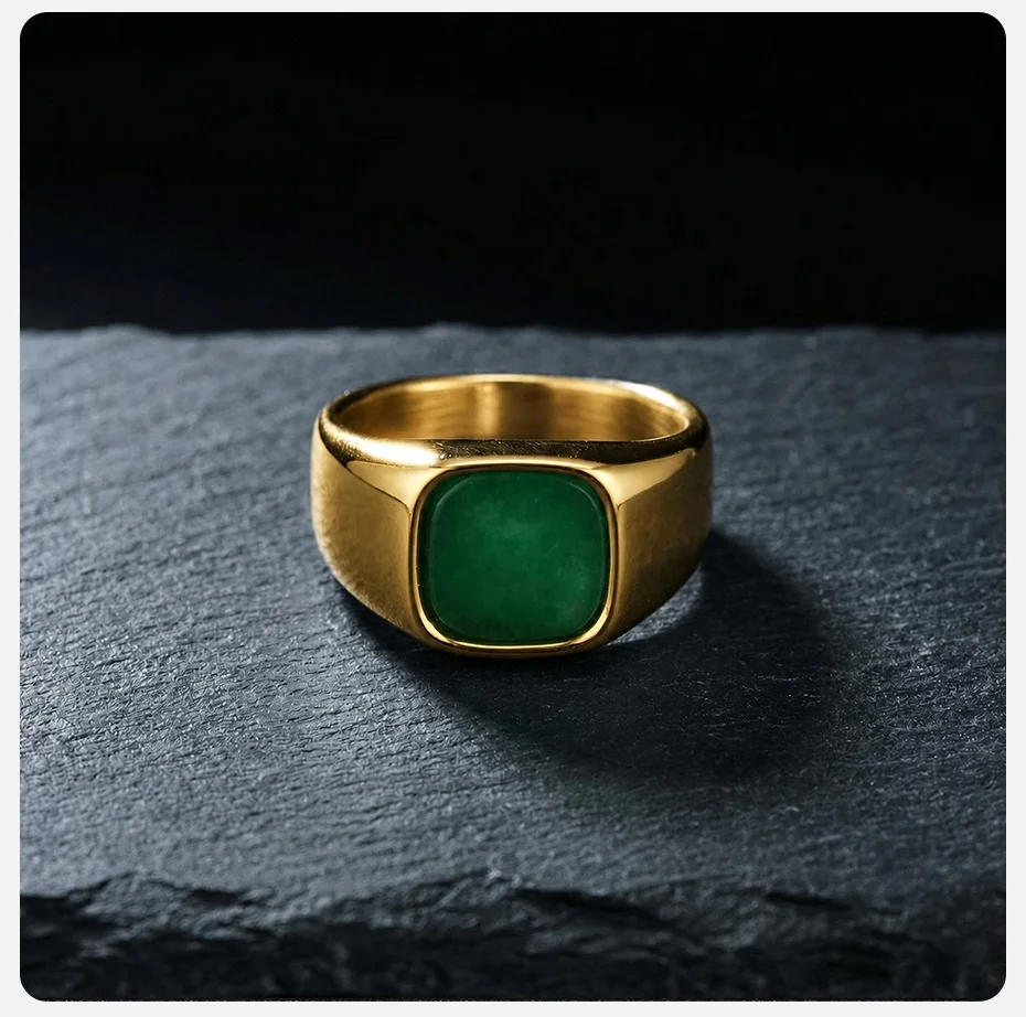 Vnox Herren Siegelring, vergoldeter Edelstahl, quadratischer grüner Naturstein-Fingerring, Vintage-Punk-Statement-Schmuck, Geschenk, neu – Detail 7