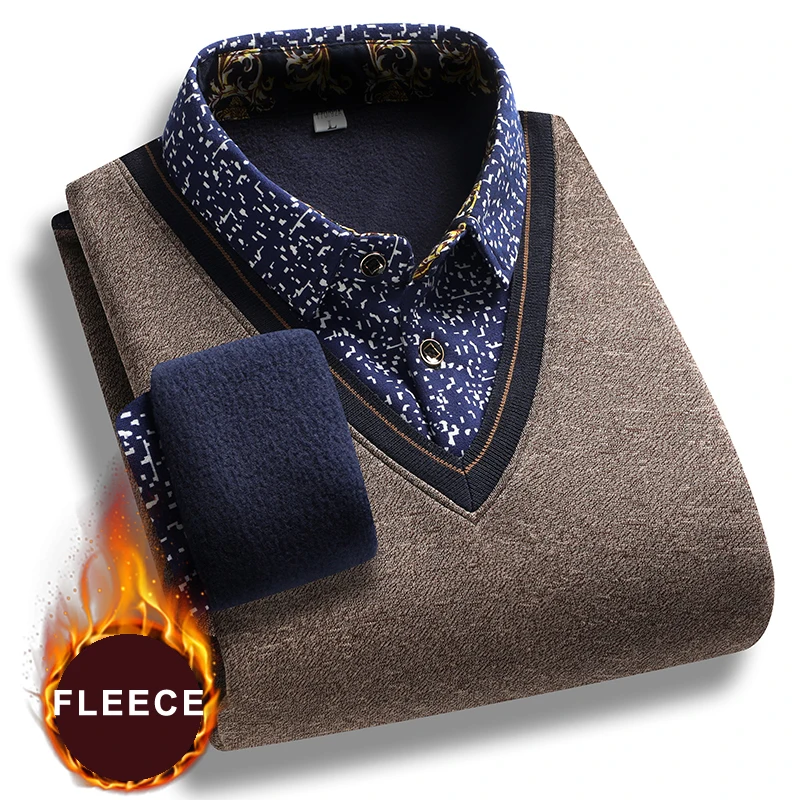 Men's Polo Neck Pullovers Autumn Winter Polo Sweater Lapel Fleece Warm Top Clothes Casual Jumpers