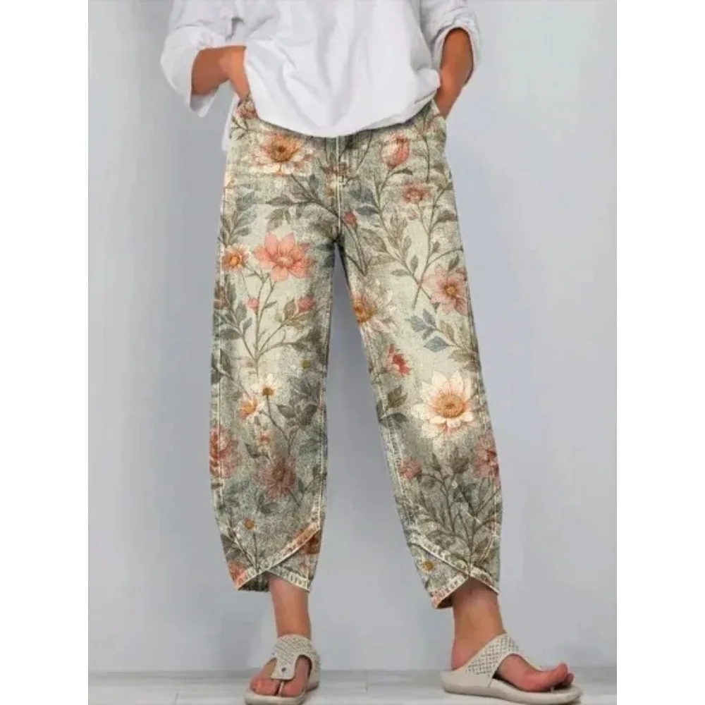Damen Baumwoll-Caprihose mit Blumenmuster, Lässige Weite Haremshose in Knöchellänge mit Tulpenabschluss, Jogginghose für Tägliche Outdoor-Aktivitäten – Detail 8