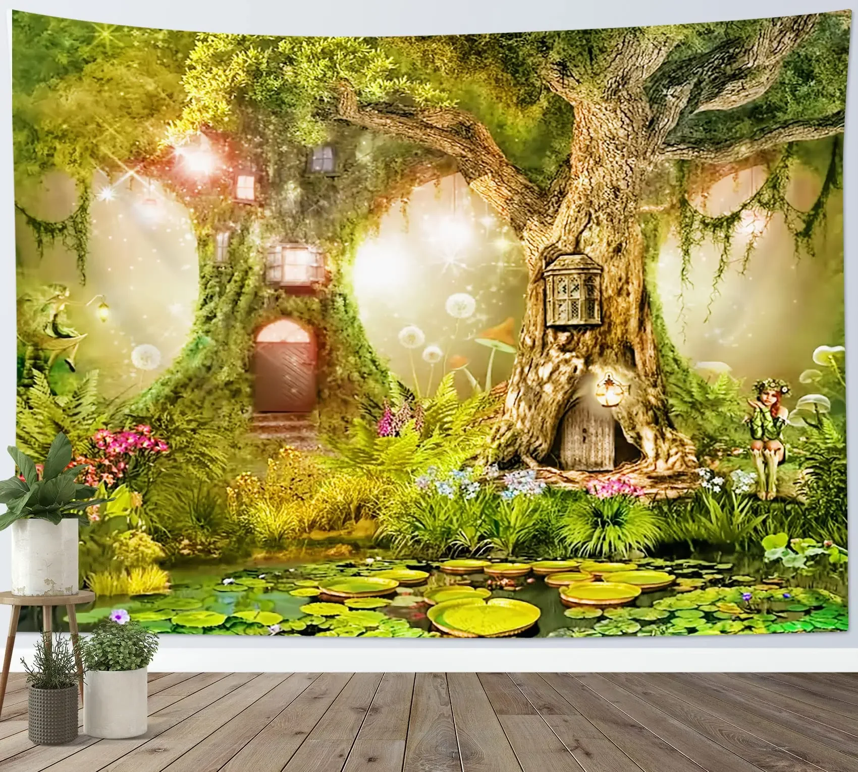 Fairy Tale Forest Tapestry Wall Hanging Water Lily Pond Magic Trees Houses In Dreamland Tapestries Birthday Party Bedroom Decor