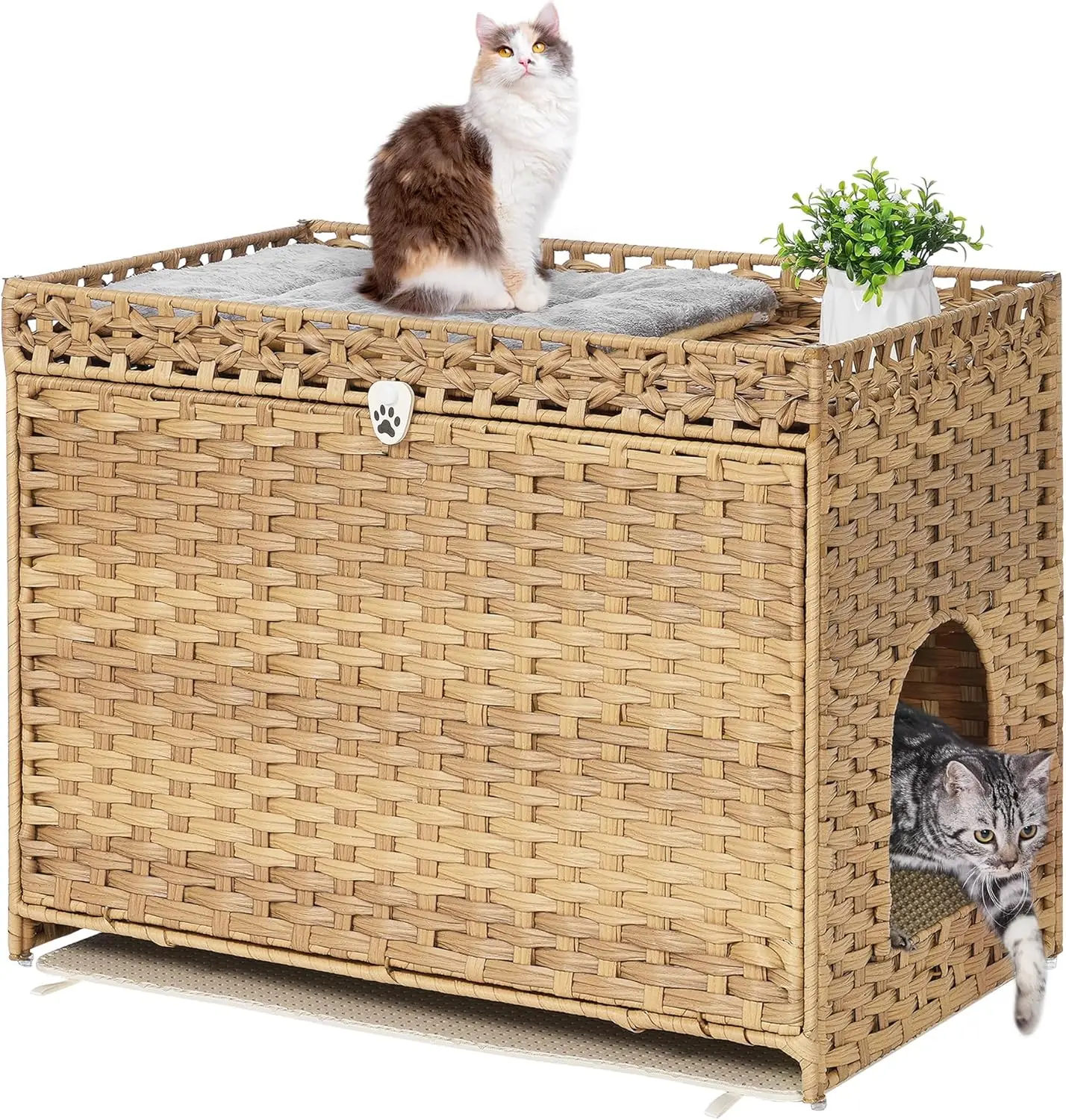 

Hidden Cat Washroom Furniture with Soft Mat, Rattan Enclosure for Litter Box, Multi-functional Pet House