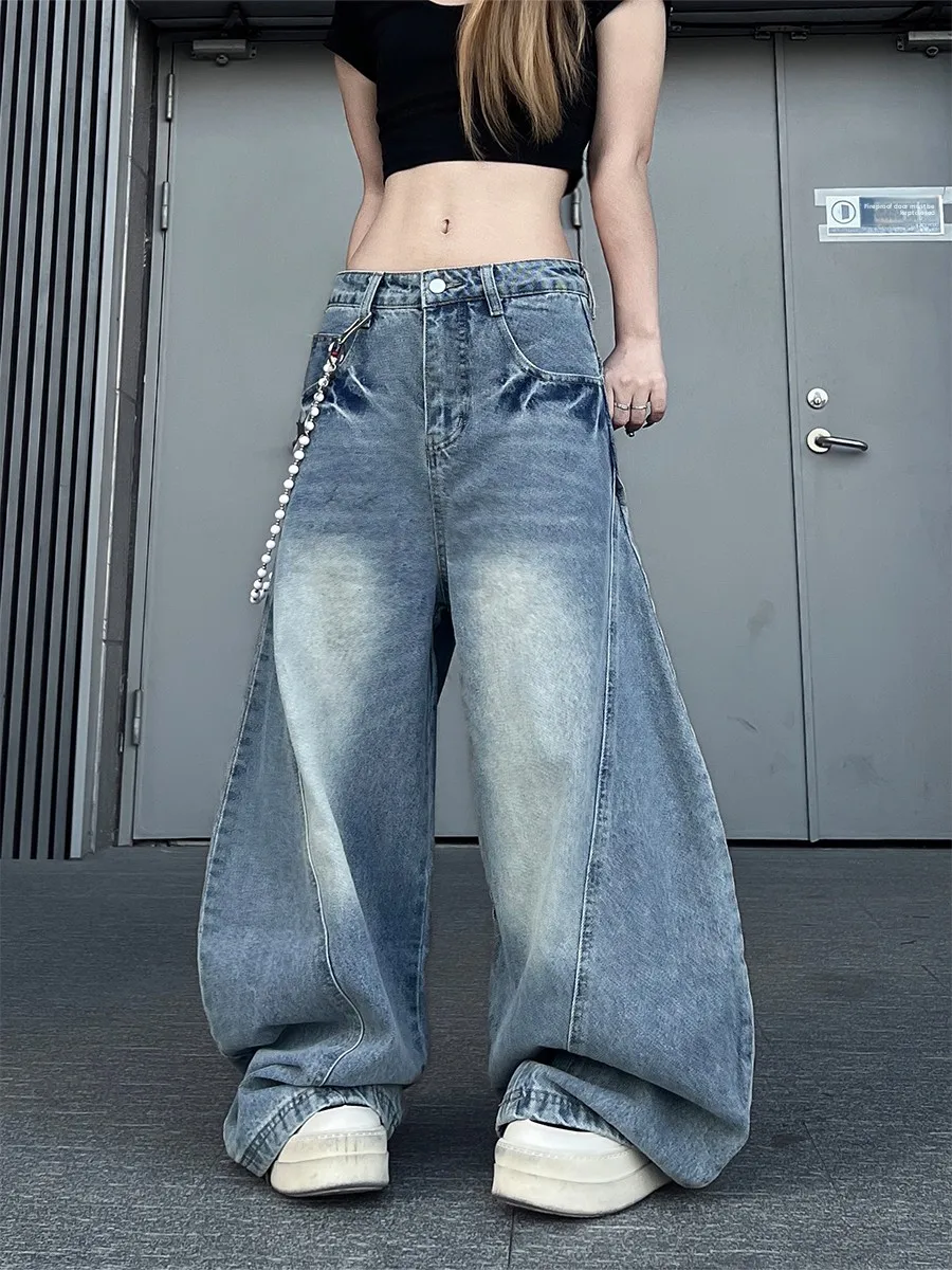 

American Style Washed Knife Wide Leg Jeans Loose Fit Floor Length Trousers Casual Loose Waist Button Fastening Jeans