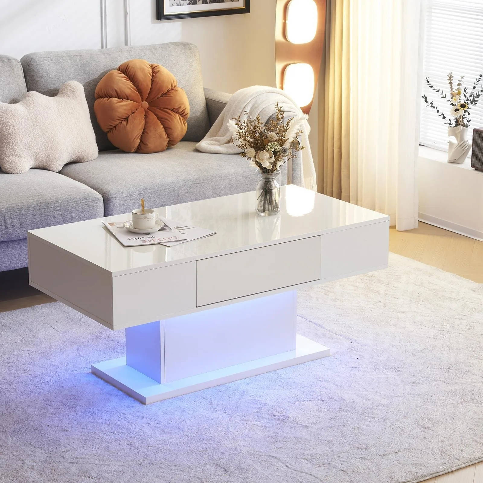 US Modern High Gloss LED Coffee Table Center Cocktail Table with Drawer Living Room