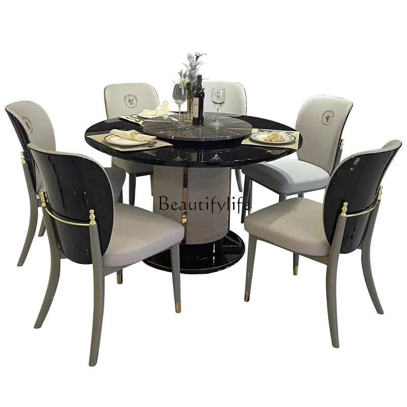 

Light Luxury Italian Minimalist Round Table Restaurant Hong Kong Style One Table Six Chairs Model Room Suite High-end Furniture