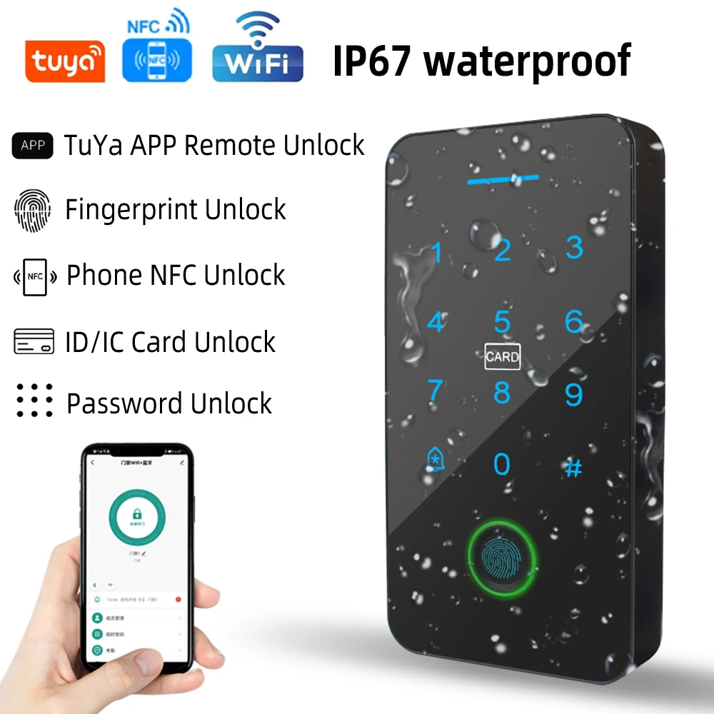 TuYa access control mobile phone APP remote door lock controller password fingerprint IC card NFC unlock IP67 waterproof