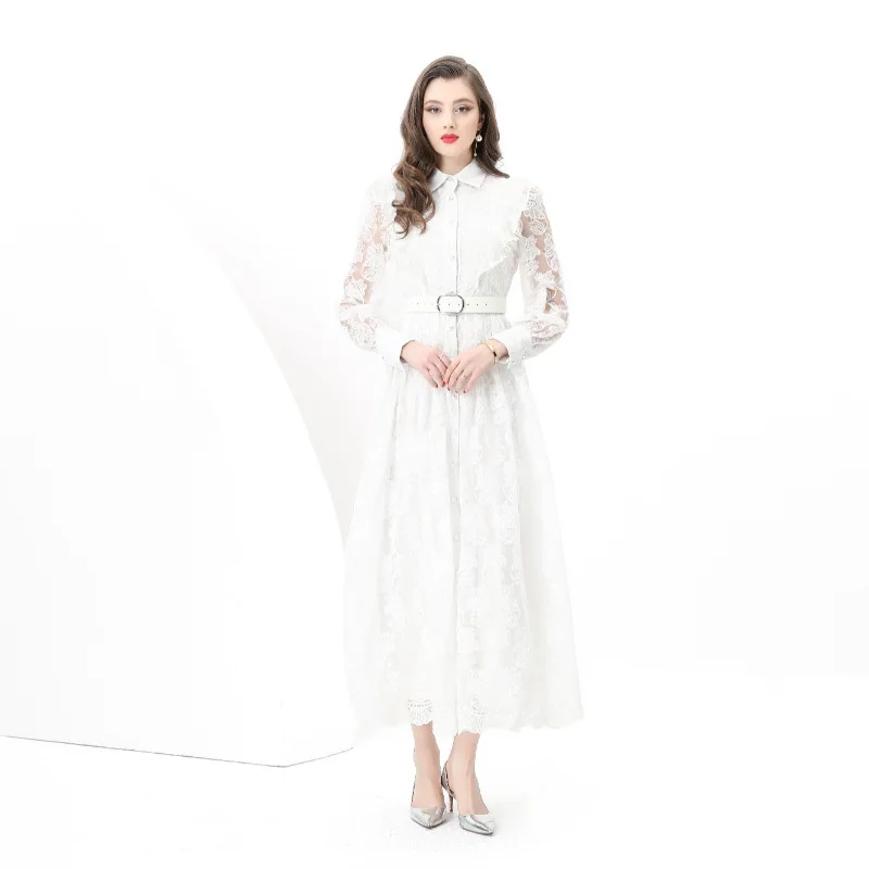 فستان طويل بتصميم عتيق مطرز بالدانتيل بأكمام جرس وياقة عالية من القطن فستان ماكسي للربيع والصيف والخريف أزياء نسائية عصرية