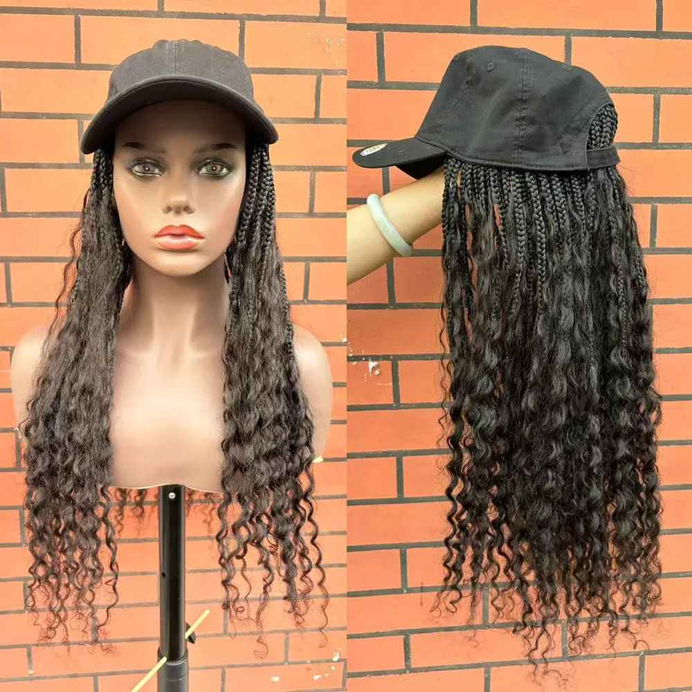 Boho kotak kepang topi Baseball topi Wig rambut manusia Bohemian dengan rambut manusia keriting berakhir ambil dan ekstensi rambut kepang untuk wanita