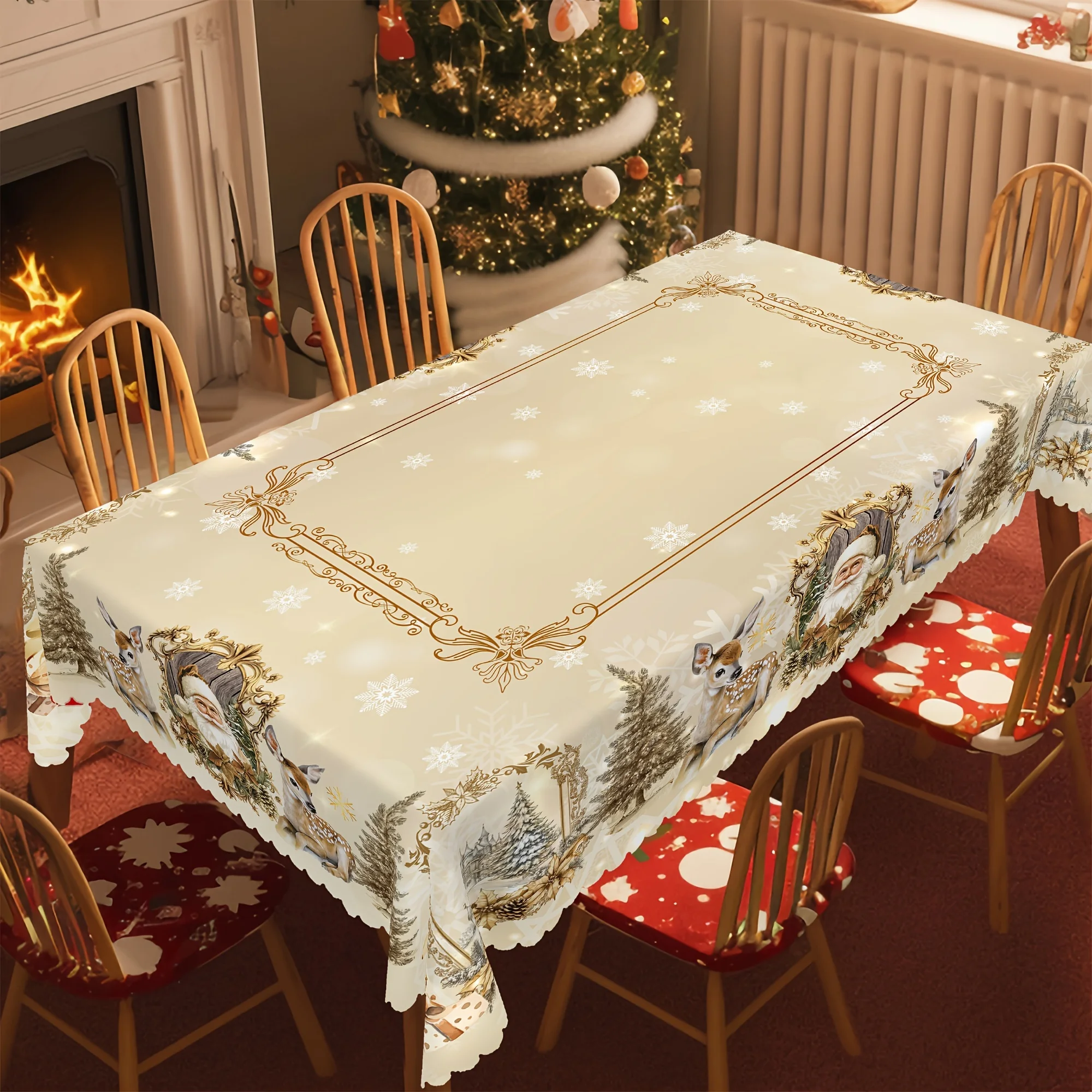 Vintage Santa Reindeer Christmas Tablecloth for Table Decor Party Decor Winter Xmas Tree Dining Table Cloth Christmas Decoration