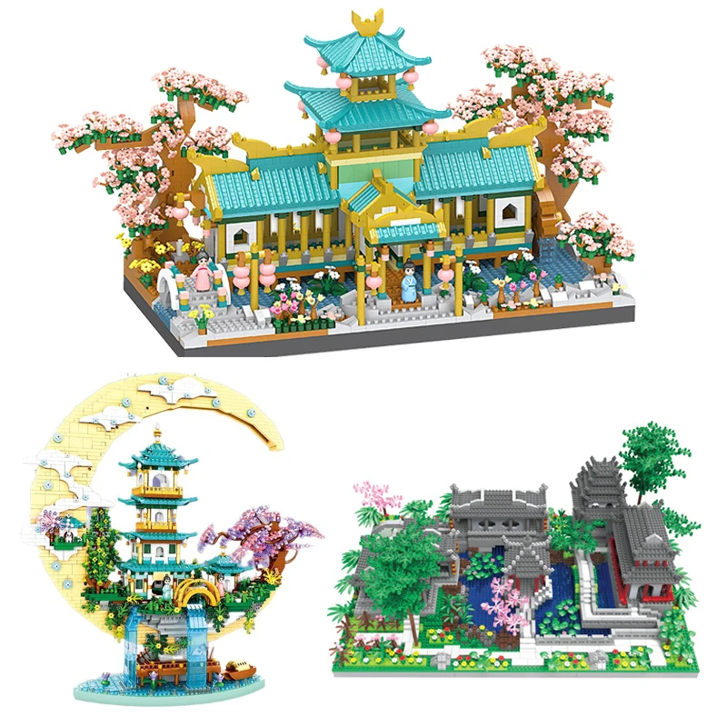 Chinese Classical Traditional Architecture Sakura Tree Gardens Zoo Building Blocks Bricks DIY Model Collection Toys for Santa