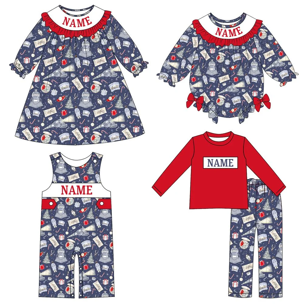Christmas 4-piece long-sleeved elastic letter print girl dress boy pants set tree train print baby romper boutique children set