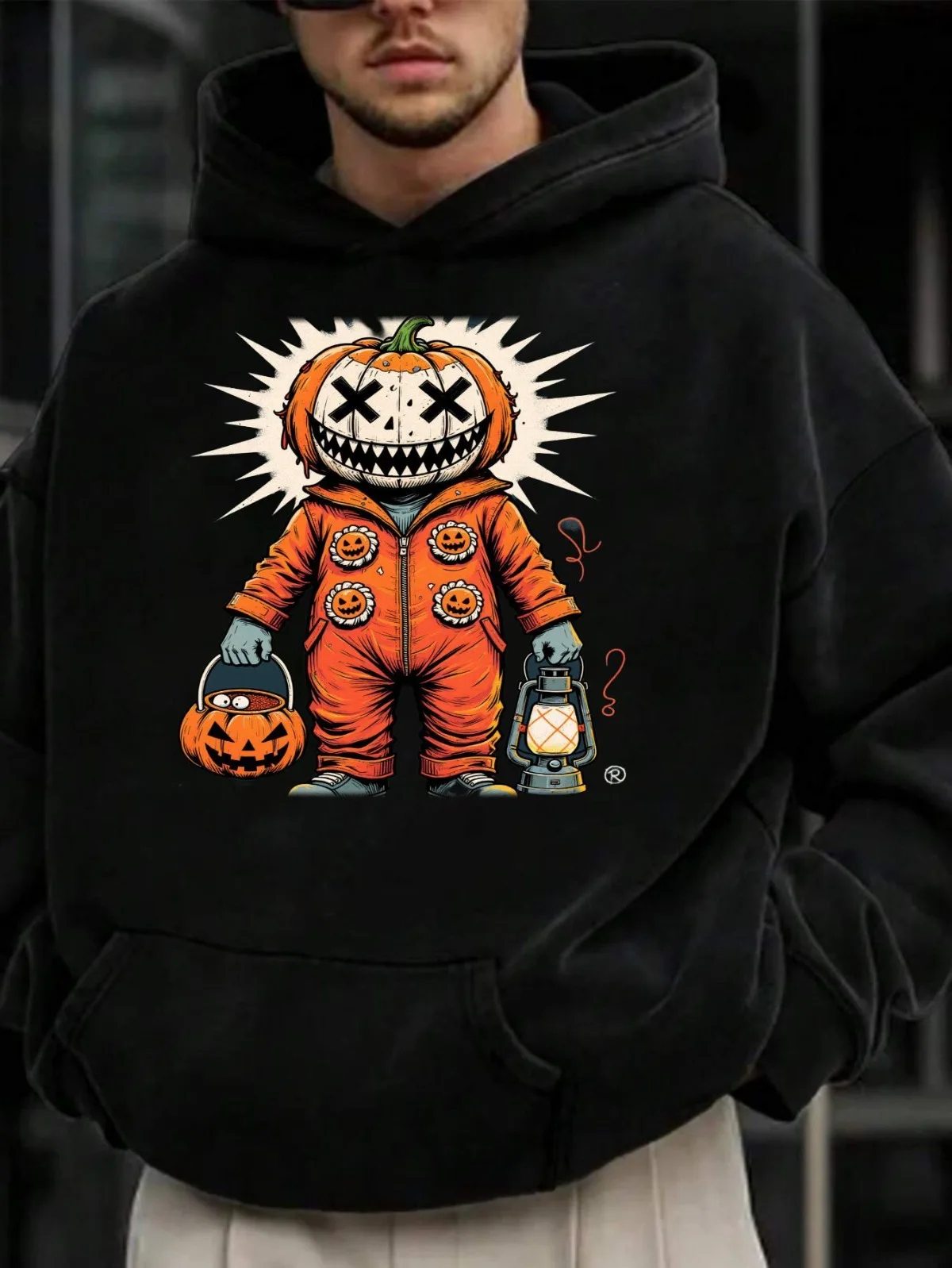 هوديي رجالي كاجوال عصري ومرعب مطبوع عليه يقطين الهالوين مع بلوفر فضفاض سميك وقطيفة للشارع #1