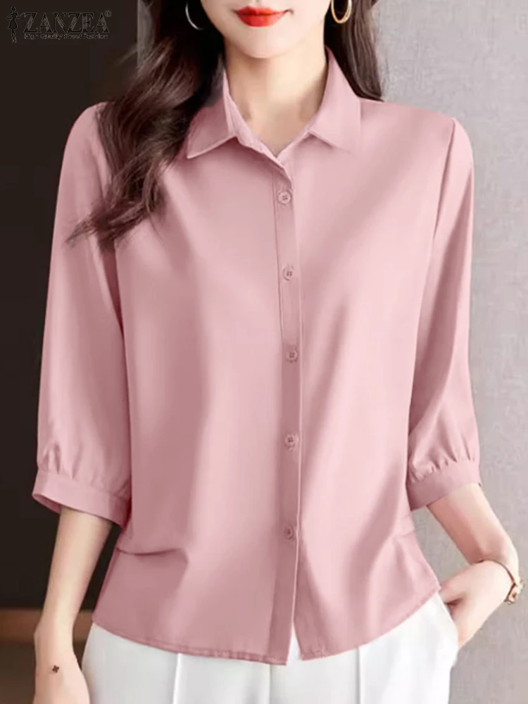 

ZANZEA Elegant Women Shirts 2024 Summer 3/4 Sleeve Solid Color Casual Blouses Korean Fashion Button Up Gentle Ladies Camisas