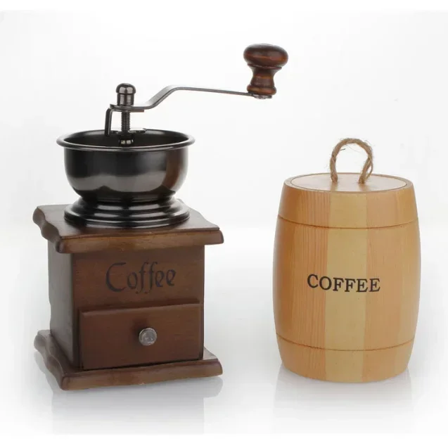 New Design Coffee Bean Bucket Creative Wooden Coffee Mill Coffee Maker Tools Box Set,Vintage Style Manual Coffee Grinder