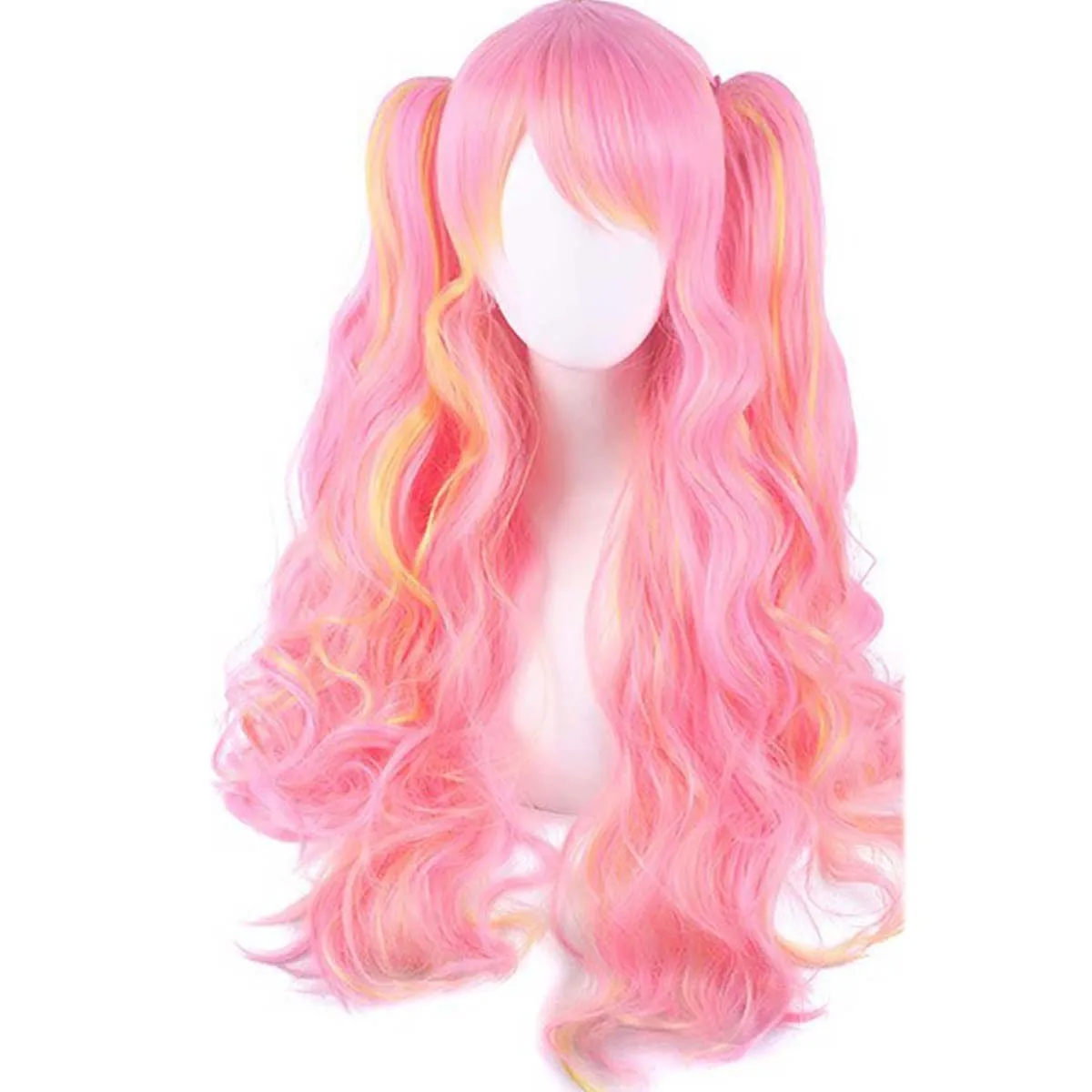 Halloween Party Role Play Girls Long Curly Lolita Double Ponytail Synthetic Gold Pink Wig