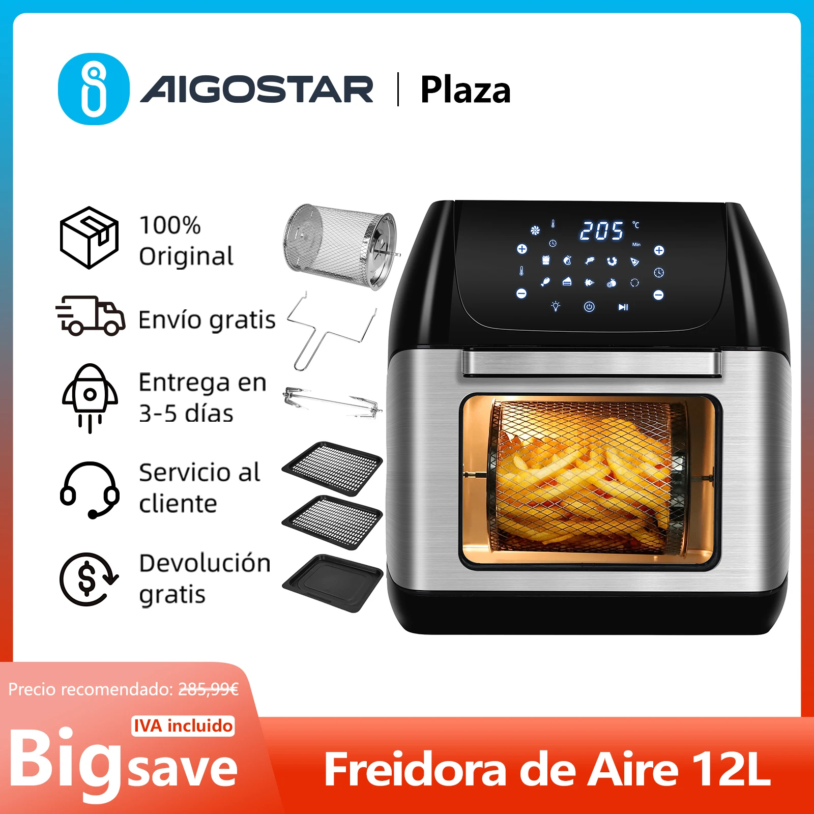 Freidora de Aire Multifunción 12L con Pantalla LED, 1500W 🍳