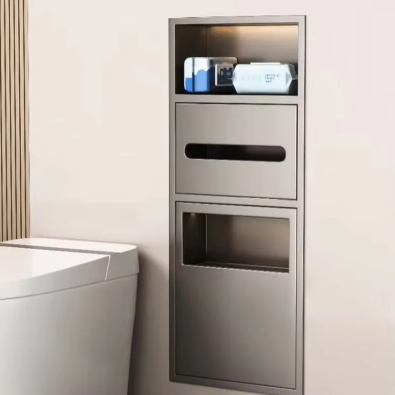 Modern corner bathroom stainless steel wall-mounted embedded trash can niche anti-corrosion paper towel rack integrated