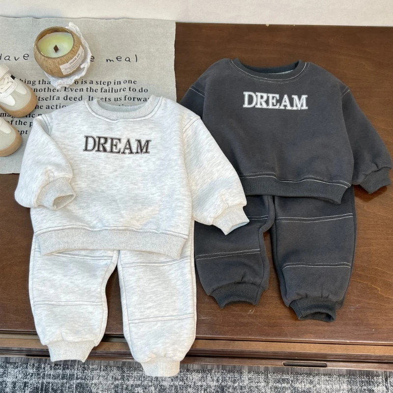 

2025 New Autumn/Winter Children's Thick Velvet Letter Printed Warm Hoodie and Pants Two Piece Set