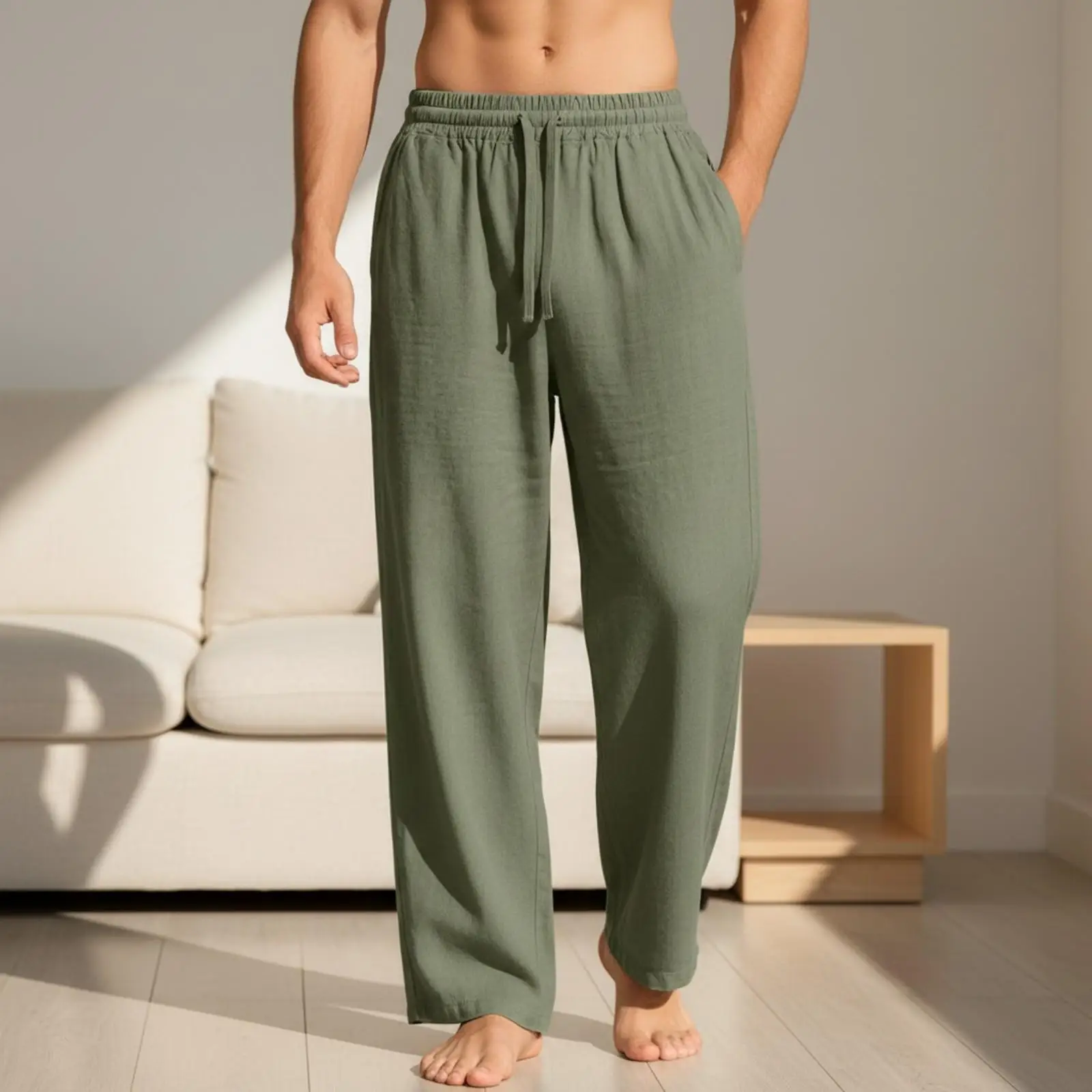 Men Summer Lightweight Linen Blend Trousers with Adjustable Waist and Side Pockets for Casual Wear