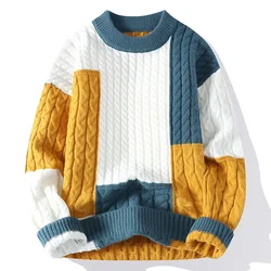 Color Block Sweater for Man Chunky Twist Long Sleeve Pullover Crew Neck Casual Sweater Plus Size Winter Warm Knitwear