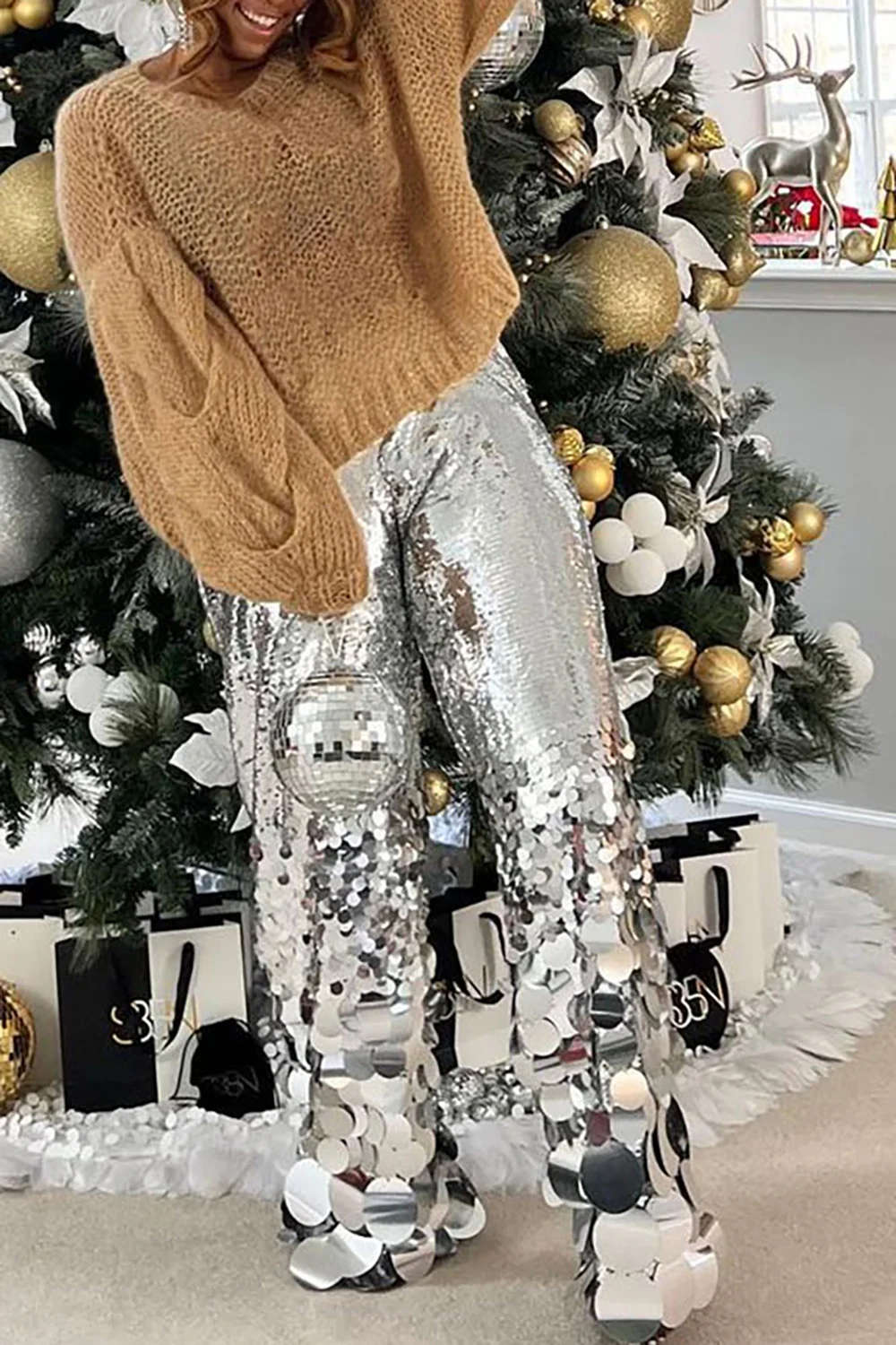 Plus Size Party Pant Silver Straight Leg Asymmetrical Casual Sequin Pant Shiny High Waist Streetwear Novelty Trousers 2024