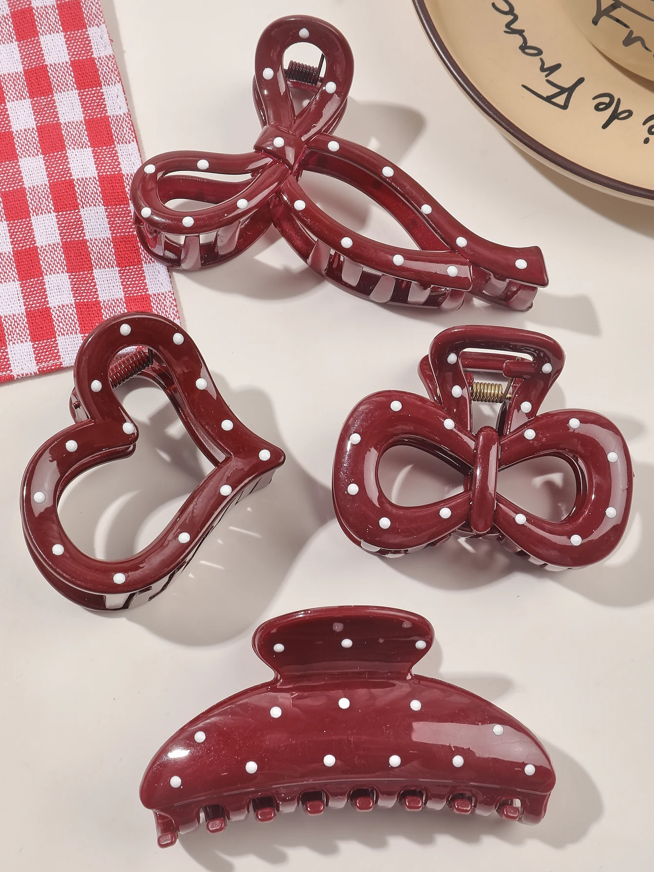 4 Stück Französisch Rot Weiß Polka Dot Schleife Halteklammern für Frauen Herbst Winter Hai Clip Haarklammern Elegante Haar-Accessoires – Detail 2
