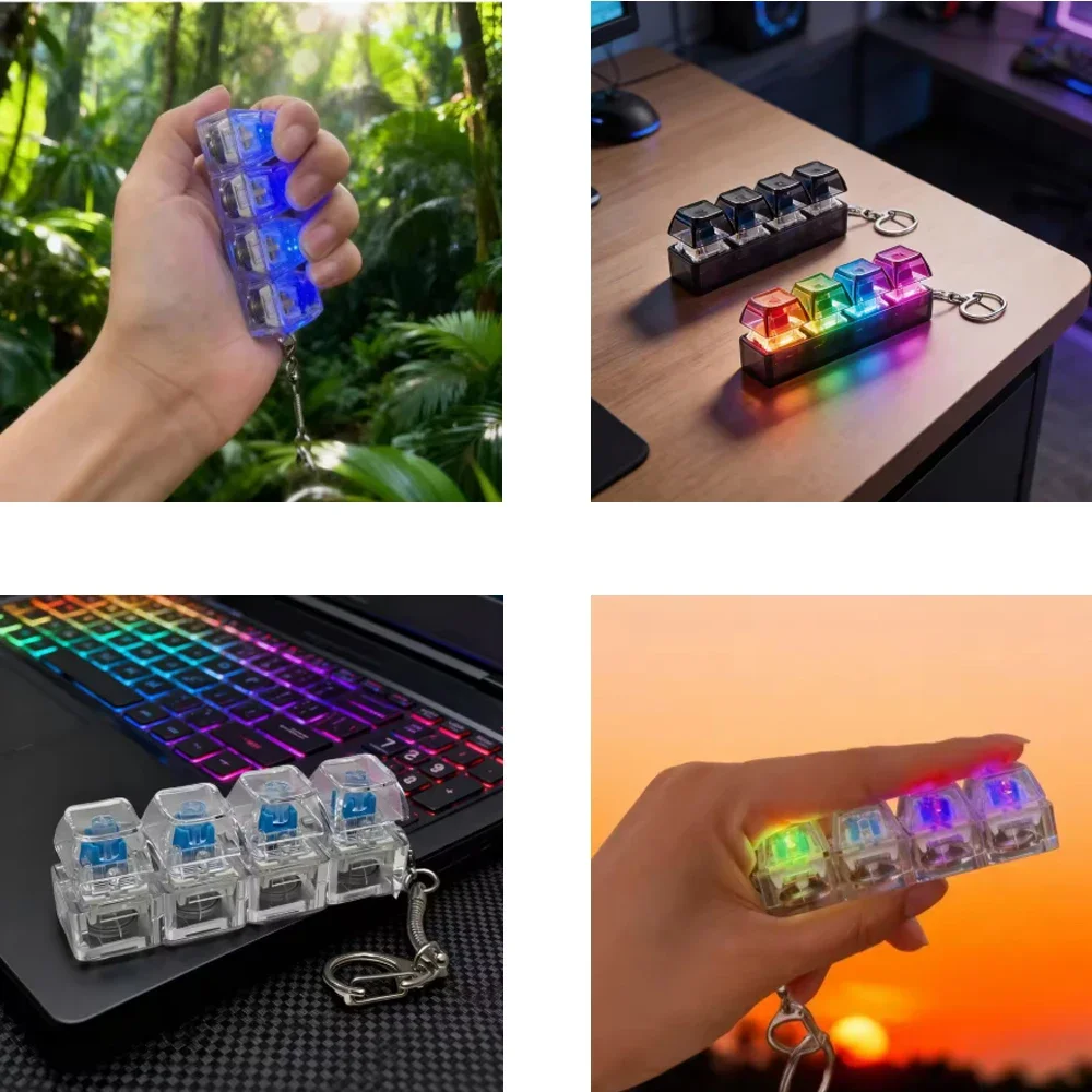 RGB Light Up 4-Button Fingertip Keyboard Keychain Fidget Toy Stress Relief Decompression Calming Relax Gadget