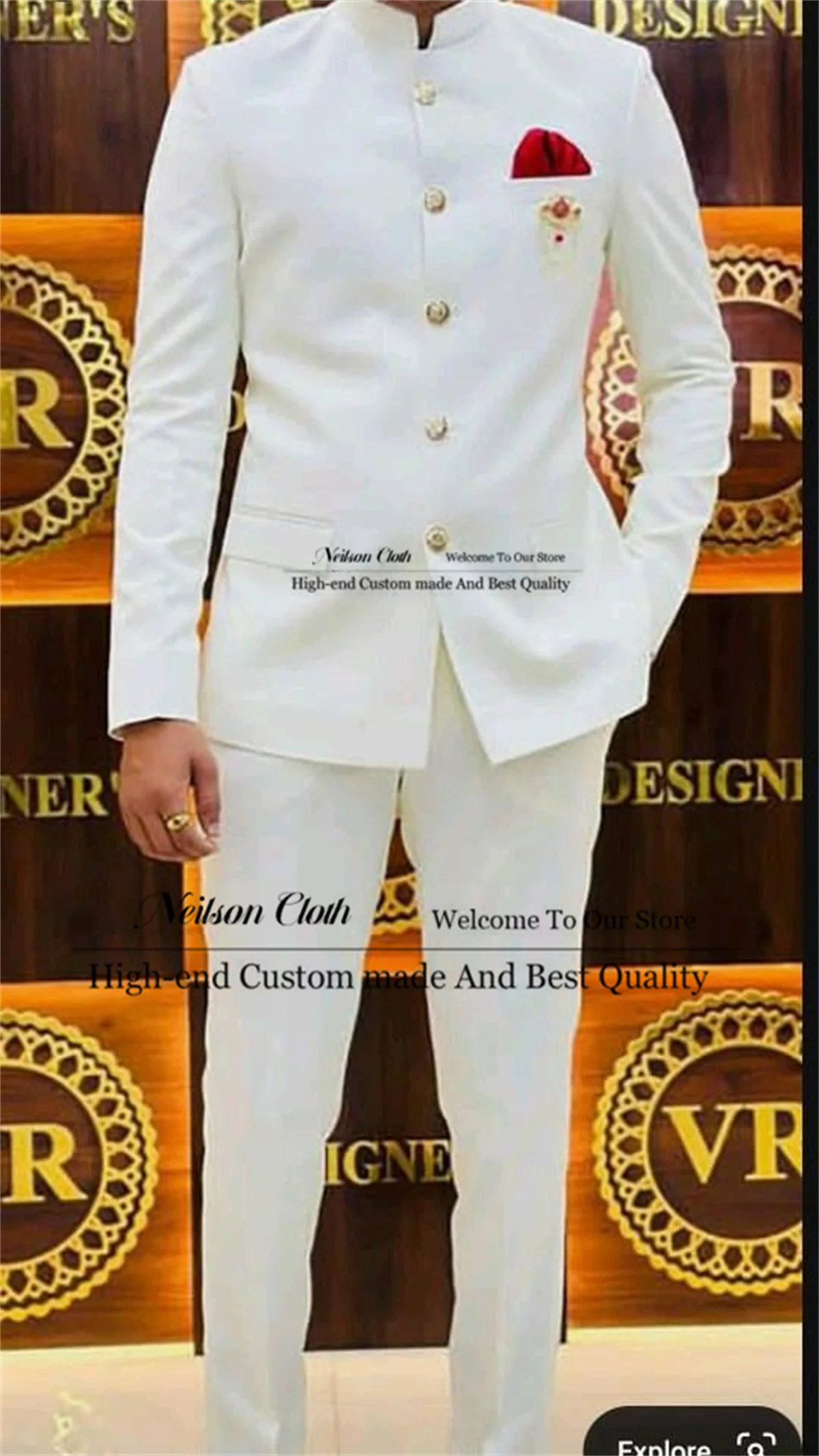 

Formal White Male Prom Blazers 2 Pieces Sets Stand Collar Groom Wedding Tuxedos For Men Groomsmen Customized Terno Masculino