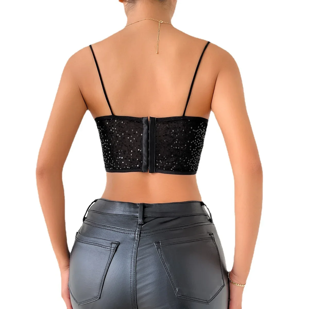 Womens Fashion y2k Tank Top Sleeveless Black Corset Tops Gauze Sequin Halter Bustier Sexy Slim Vest Back Buckle Camis Streetwear