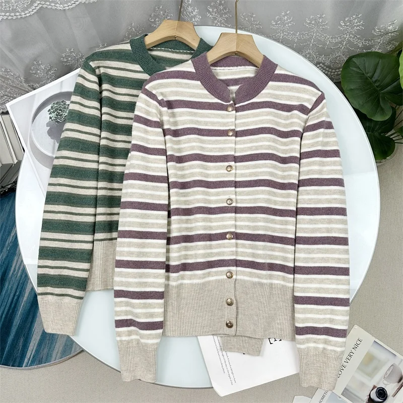

Элегантный вязаный кардиган с длинными рукавами и круглым вырезом, женский, в полоску, с цветовыми блоками, осенняя верхняя одежда, мягкий, из искусственного кашемира, свободного кроя
