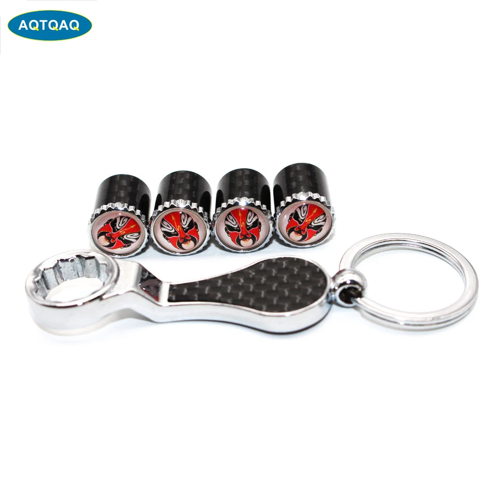 

5Pcs/Set Face Style Emblem Auto Car Wheel Tire Air Valve Caps With Wrench Keychain Carbon Fiber + Copper Stem Dust Cover Accesso