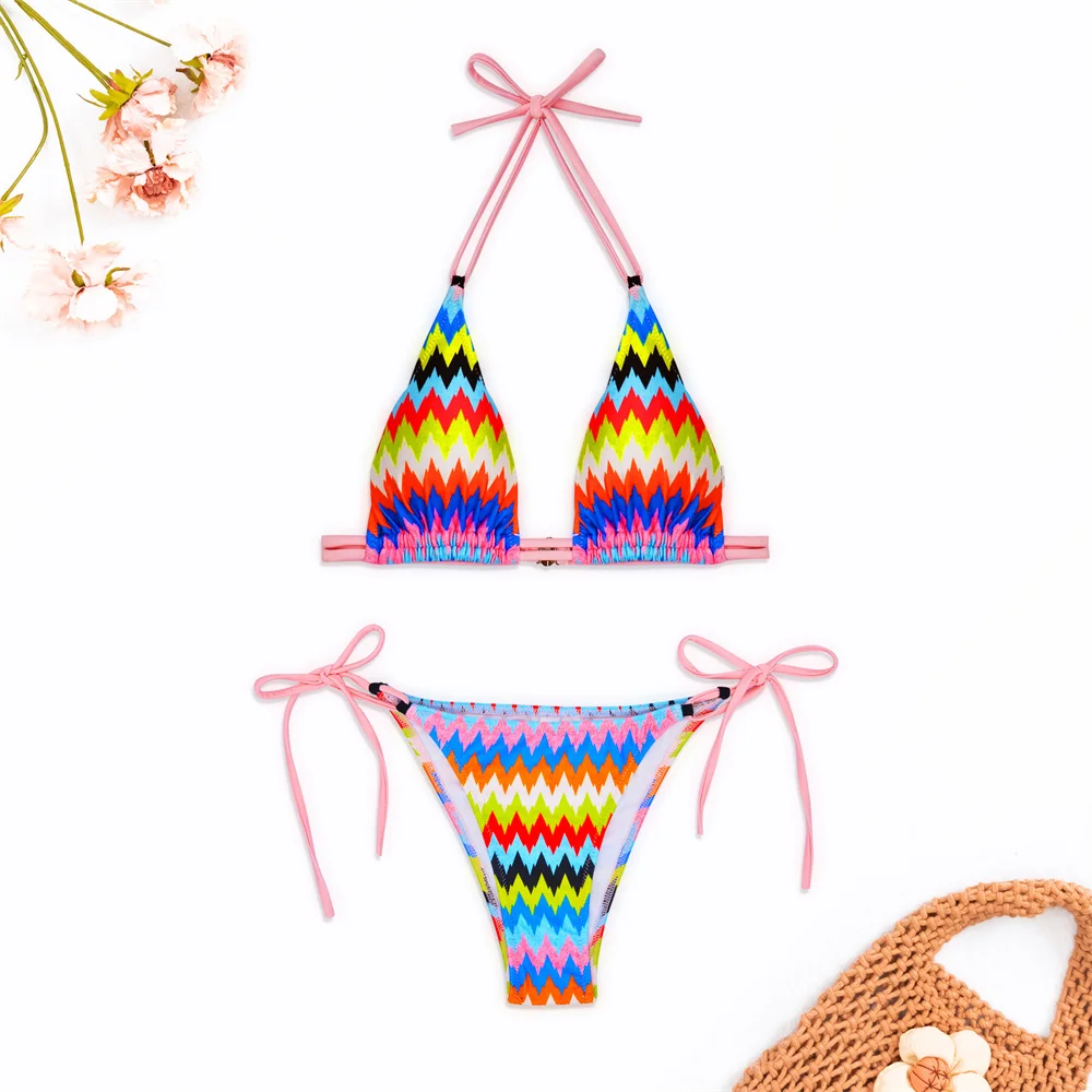 Colorful Wave Print Bikini Halter String Backless Swimwear Two Piece Y2K Swimsuit Women Trend Beach Thong Brazilian Bathing Suit