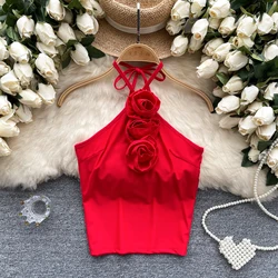 Women Chic Halter Three-dimensional Flower Camis Slim Basic Sexy tank Top Summer Women sweet vintage sweet crop top