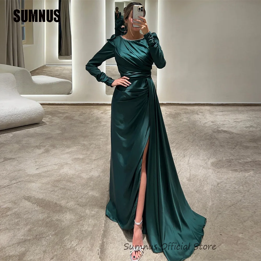 

SUMNUS Sexy Long Sleeves Mermaid Evening Dresses Women Pleats Split Wedding Party Dress Satin Beads Stretch Prom Gown Celebrity