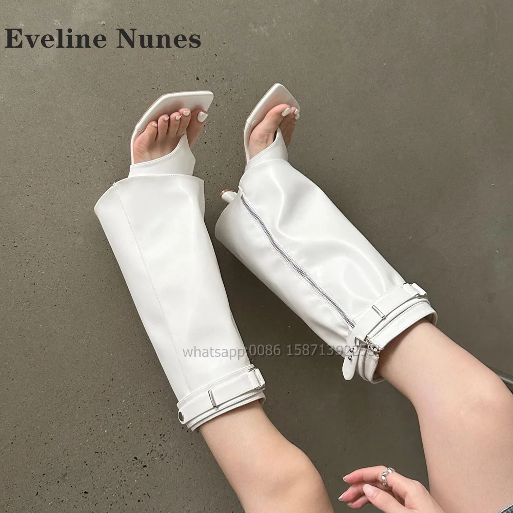 

Clip Toe Belt Buckle Gladiator Square Toe Stiletto Turned-Over Edge Rivet Zip Women Sandals Sexy Splicing Spicy Girl Tall Boots