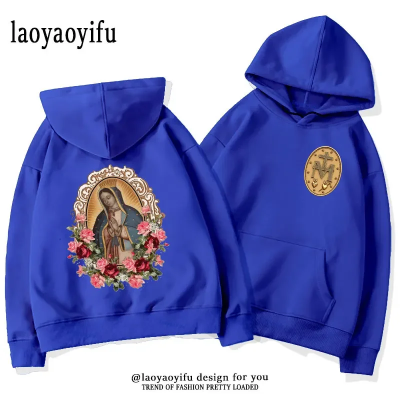 Vintage Our Lady of Guadalupe Virgin Mary The Madonna Religious Graphic Hoodie Hip Hop Autumn and Winter Keep Warm Hoodies