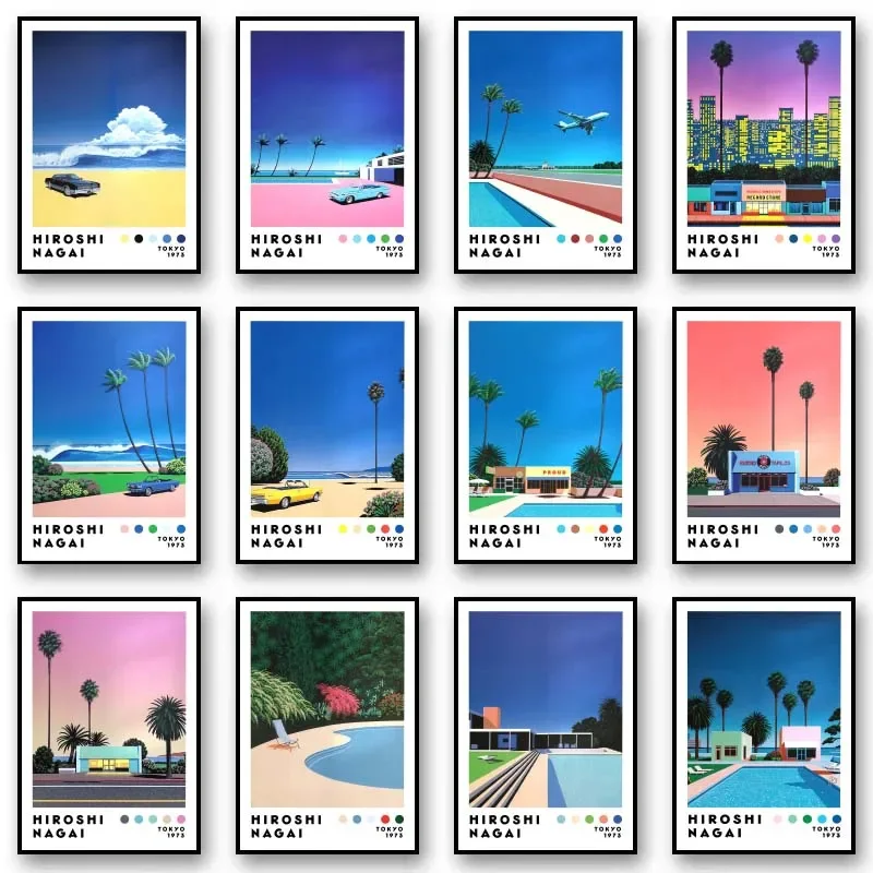 Vintage Nagai Hiroshi Vaporwave Japan Beach City Summer Wall  Canvas Painting Printing Wall Painting Living Room Decor